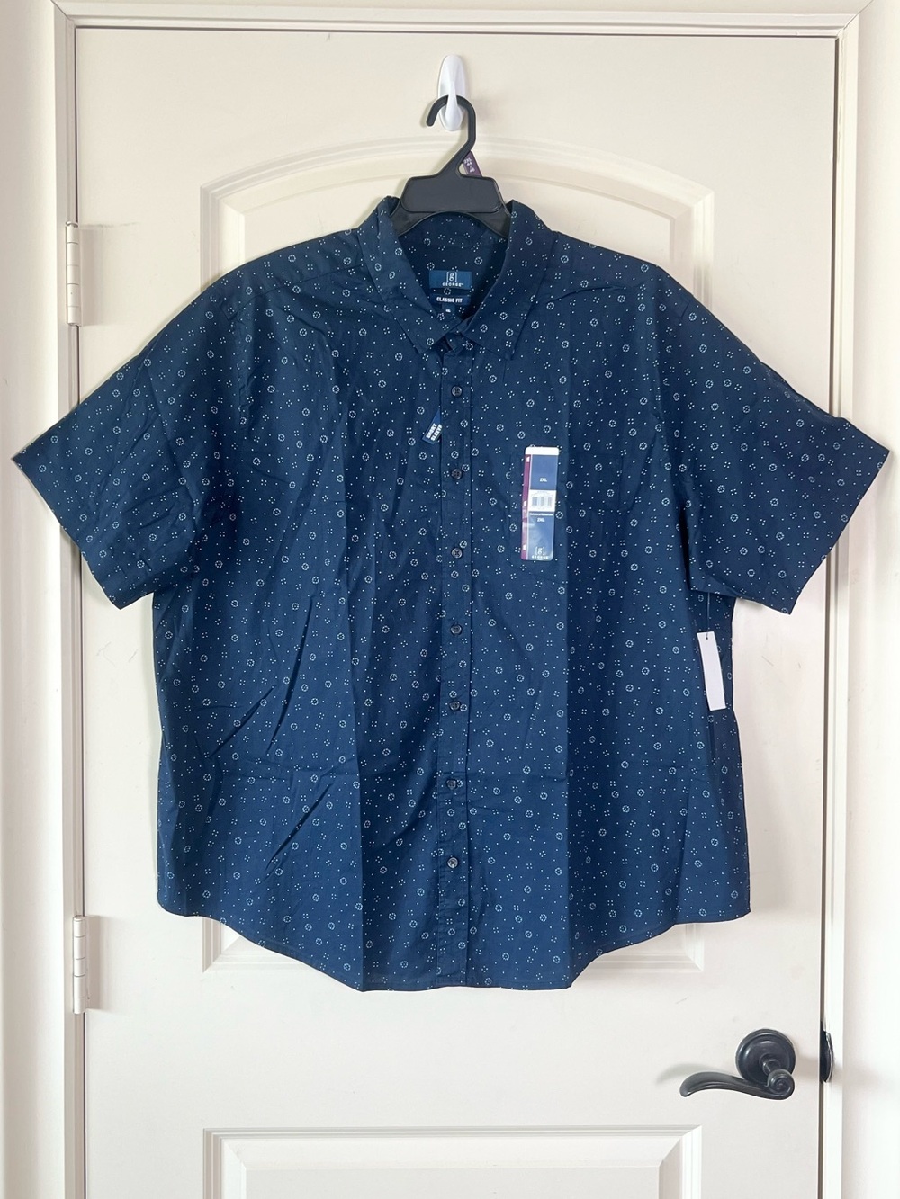NWT George Men's 2XL Navy Short Sleeve Button Down Shirt Geometric Print